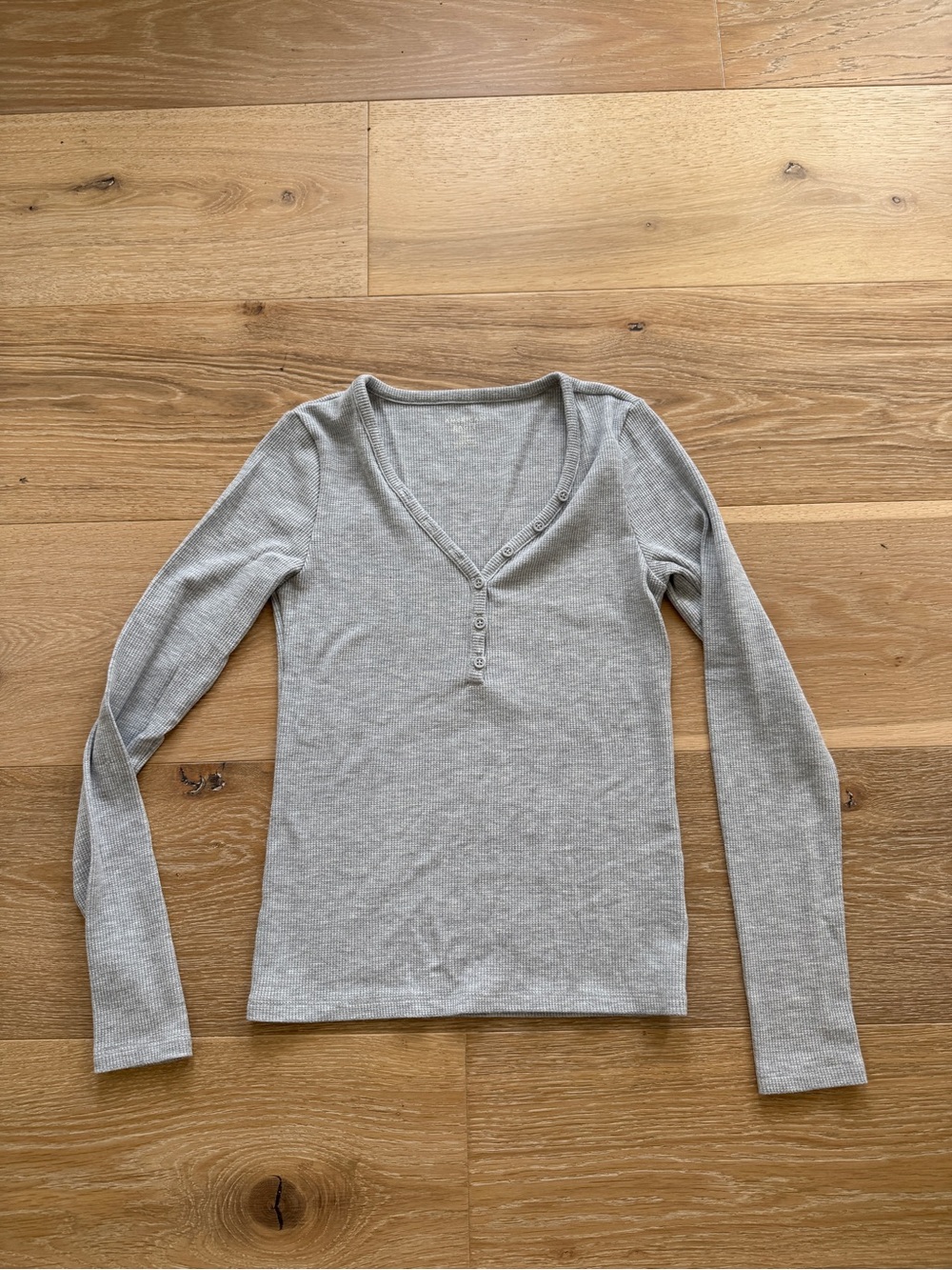 American Eagle Gray Ribbed V-Neck Long Sleeve Top - Unbranded